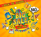 Back to school big sale promotion banner with handdrawn lettering in comic boom explosion bubble with school equipment. Half price discount poster. Template for flyers, cards. Vector illustration.
