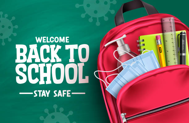 Back to school campaign vector design. Welcome back to school stay safe text in chalkboard background Back to school campaign vector design. Welcome back to school stay safe text in chalkboard background with 3d educational supplies for new normal education. Vector illustration back to school stock illustrations