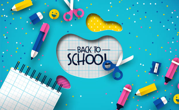 ilustrações de stock, clip art, desenhos animados e ícones de back to school card papercut fun children supplies - school material