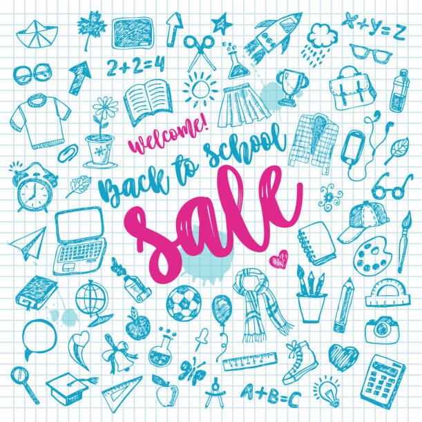 Back to school. Color doodle set from sale. Freehand drawing - Vector with lettering Back to school. Doodle set. Freehand drawing - Vector laptop borders stock illustrations