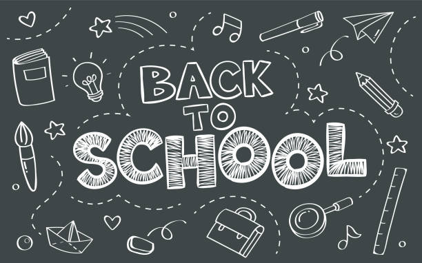 ilustrações de stock, clip art, desenhos animados e ícones de back to school concept with objects on blackboard poster in doodle style. - teacher back to school
