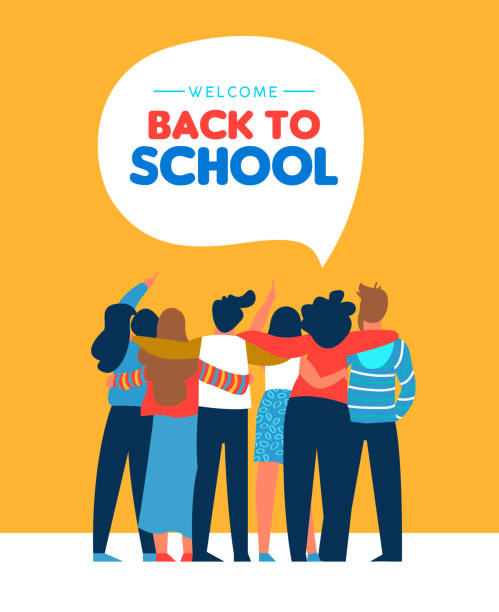 Back to school diverse student friend group card Welcome back to school card illustration of diverse teen student group hugging together. Highschool teenager classmate concept or young college students. tall boy stock illustrations