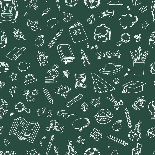 Back to school doodle pattern. Chalk drawing on a green Board. School elements and items. Vector Seamless Pattern Back to school doodle pattern. Chalk drawing on a green Board. School elements and items. Vector Seamless Pattern teacher designs stock illustrations