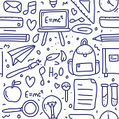 istock Back To School Doodle Seamless Pattern and Line Icons 1238304747