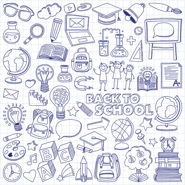 Back to School doodle set. Linear icons Back to School doodle set. Supplies for Sport Art Reading Science Geography Biology Physics Mathematics Astronomy Chemistry  graduation drawings stock illustrations