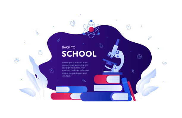 Back to school, education and science concept. Vector flat banner template illustration. Frame with text. Book, microscope, atom physic and chemistry symbol. Design for web, infographic, invitation. Back to school, education and science concept. Vector flat banner template illustration. Frame with text. Book, microscope, atom physic and chemistry symbol. Design for web, infographic, invitation. laboratory borders stock illustrations