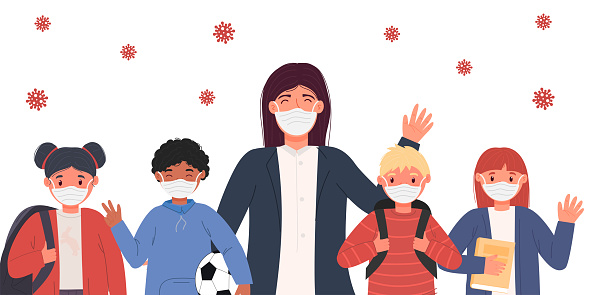 Back to school. Education concept. Children and teacher in a medical mask. Virus protection, covid 19. A group of children isolated on a white background