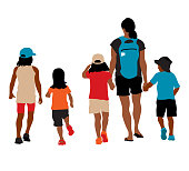 colorful flat design illustration showing kids and a mom walking outside on a summer day.
