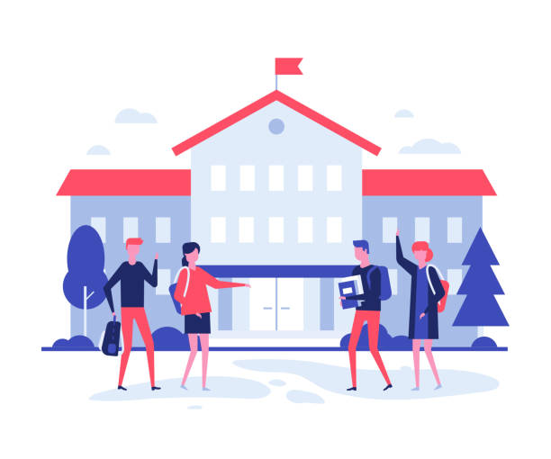 Back to school - flat design style illustration Back to school - flat design style illustration on white background. High quality composition with male, female students, teenagers with books and bags at the building before lessons. Education theme school building stock illustrations