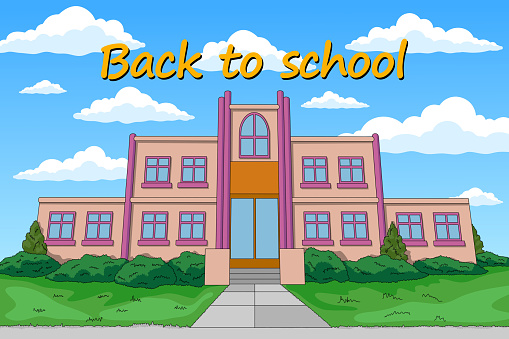 Back to school greeting card. School building in cartoon style. Vector illustration, horizontal banner