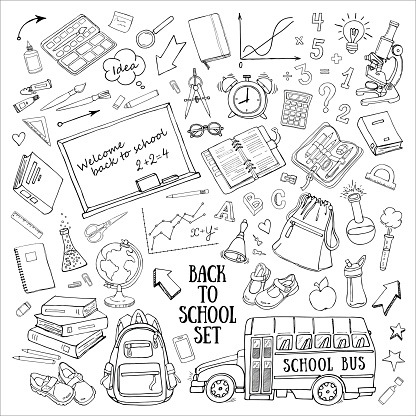 Back to school hand-drawn doodles set with supplies, schoolbus