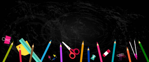 Back to school horizontal banner with blackboard and school supplies, compasses, colored crayons, erasers, scissors, paper clips, sharpeners, ruler, push pin hello, i made these blackboard textures with the paint brush tool in adobe illustrator program with the chalk brush teacher borders stock illustrations