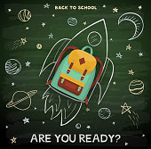 Back to school creative concept background. School backpack on rocket. Education sketch on school chalkboard.