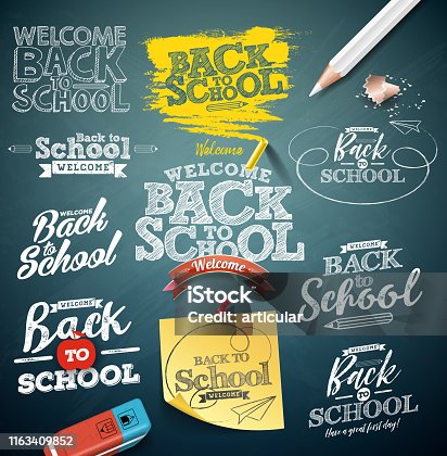 istock Back to school illustration with typography lettering set on chalkboard background. Vector education concept design collection for greeting card, banner, flyer, invitation, brochure or promotional poster. 1163409852
