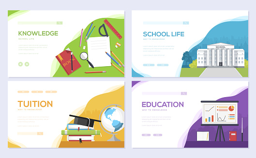 Back to school information brochure card set. Student template of flyer, web banner, ui header, enter site. Layout invitation modern slider