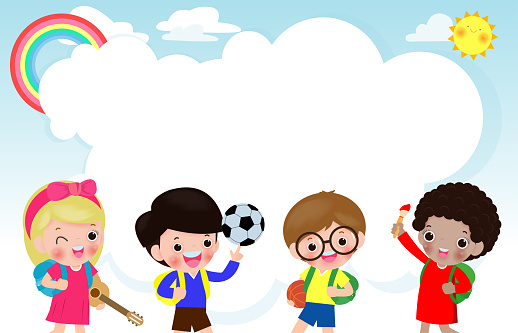 ✓ Imagen de Niños jugando, dibujos animados niños felices saltando verano  plantilla de fondo para el folleto publicitario, su texto, niños y marco,  niño y marco, en blanco para el espacio ilustración