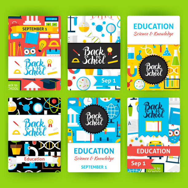 Back to School Label Greeting Invitation Set Back to School Label Greeting Invitation Set. Flat Design Vector Illustration of Brand Identity for Education Promotion. brochure clipart stock illustrations