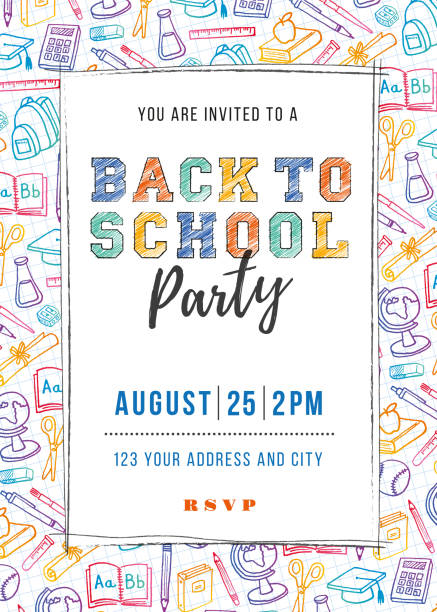 ilustrações de stock, clip art, desenhos animados e ícones de back to school party invitation template - back to school