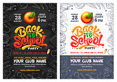 Back to School party posters with red apple and lettering Back to school. Handwritten school subjects in doodle style as frame around. Chalkboard and checkered paper on backdrop. Vector illustration.