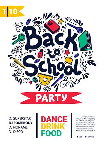 Back to school party poster. School dance party flyer