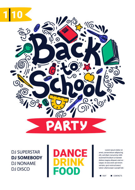 ilustrações de stock, clip art, desenhos animados e ícones de back to school party poster. school dance party flyer - back to school