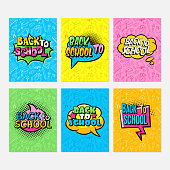 Back to school pop art comics cartoon typography design set. Notebook, banner, card, poster set. Vector illustration