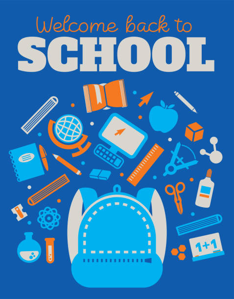 ilustrações de stock, clip art, desenhos animados e ícones de back to school poster - blue - teacher back to school
