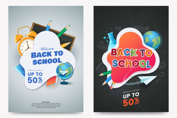 Back to school sale A4 poster design. Composition with text and colorful school supplies. Educational items. Dark chalkboard background. Elements for your design. Vector illustration. Back to school sale A4 poster design. Composition with text and colorful school supplies. Educational items. Dark chalkboard background. Elements for your design. Vector illustration. back to school stock illustrations