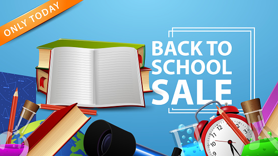 Back to school sale, discount banner with school supplies decor, school textbooks and notebook