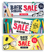 Back to school sale vector web banner set. Sale discount text with colorful items and elements for Back to school promotions. Vector illustration.