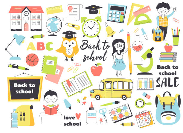 Back to school set. Back to school set, hand drawn elements- stationary, cute cartoon kids, backpack, books and other. graduation drawings stock illustrations