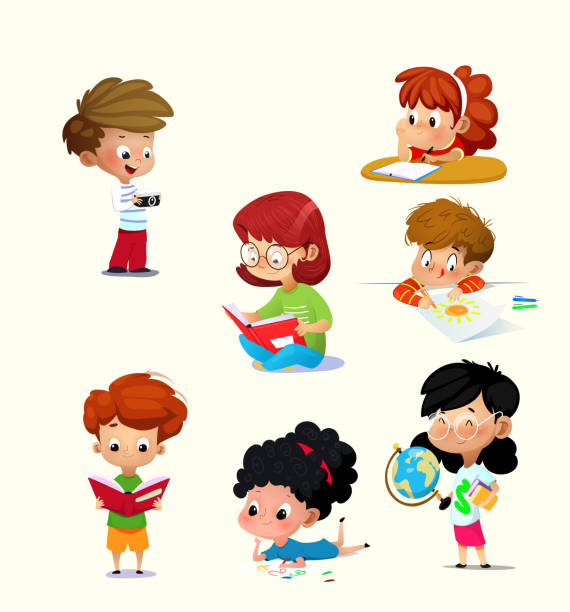 Back to school. Set with cute kids reading books, taking photo vector art illustration
