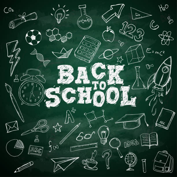 ilustrações de stock, clip art, desenhos animados e ícones de back to school text school stationary doodles on blackboard - back to school