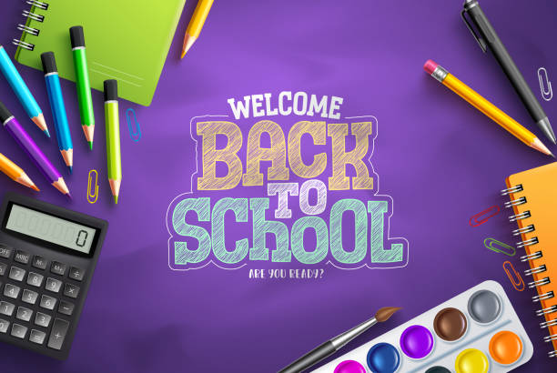 ilustraciones, imágenes clip art, dibujos animados e iconos de stock de diseño de fondo vectorial de regreso a la escuela. texto de bienvenida de vuelta a la escuela en el espacio púrpura - back to school