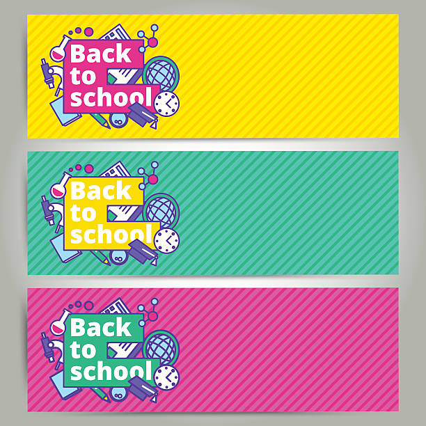 Back to school vector banner or bookmark template design. Back to school vector banner or bookmark template design. Education elements background with boy and girl students. Start of school-year concept in trendy flat cartoon line style tall boy stock illustrations