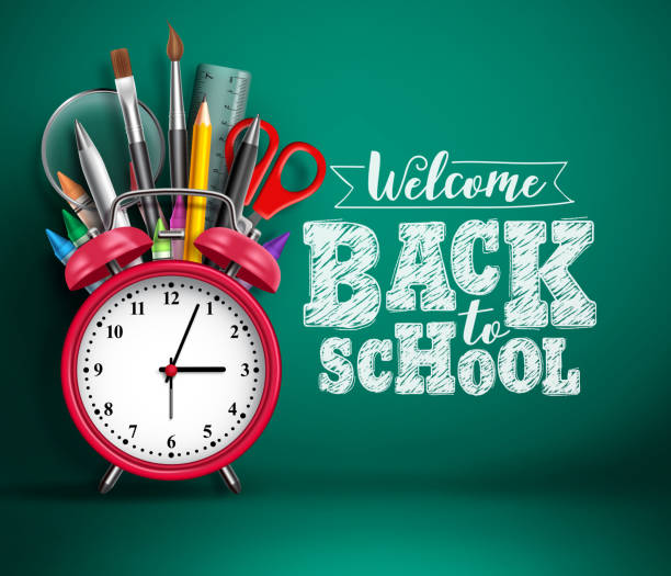 Back to school vector banner with alarm clock. School supplies, other elements and red alarm clock Back to school vector banner with alarm clock. School supplies, other elements and red alarm clock in green empty background with back to school text. Vector illustration. back to school stock illustrations