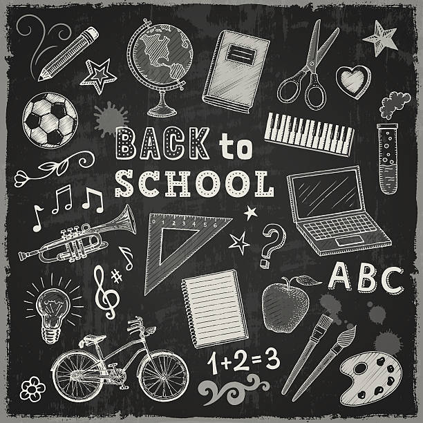 Back to School Hand drawn illustration with textures.EPS 10 file contains transparencies.Grouped and layered with global colors. Please take a look at other work of mine linked below chalk art equipment stock illustrations