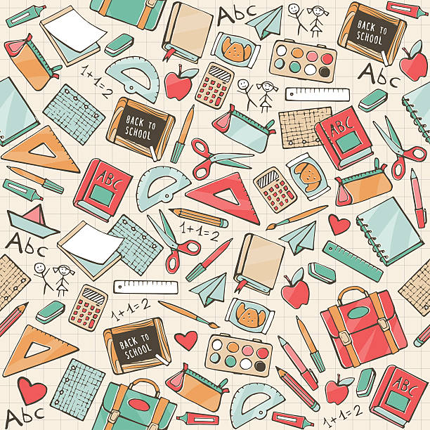 Back to school Back to school seamless pattern with hand drawn school supplies, books and stationery teacher backgrounds stock illustrations