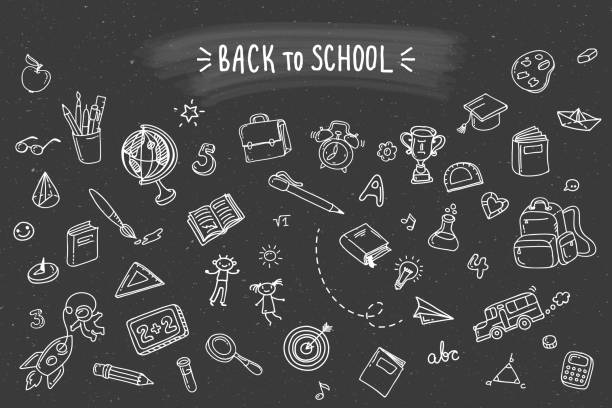 Back to school. Concept of education. School background with hand drawn school supplies on blackboard. Back to school. education drawings stock illustrations
