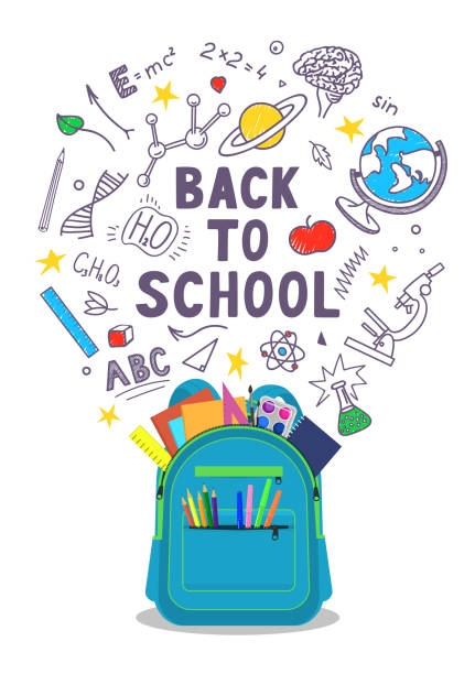 Back to school. Back to school. Open school backpack full of stationery with school doodle on white background. Vector illustration. back to school stock illustrations