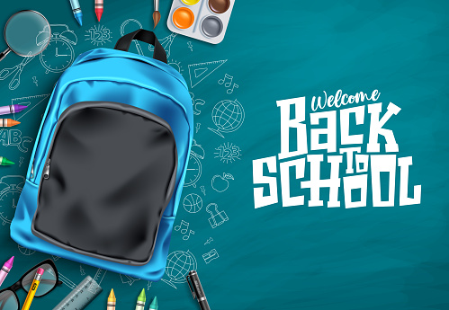 Back to school vector template design. Welcome back to school text in chalkboard space with 3d educational supplies in hand drawn background. Vector illustration