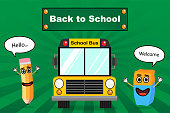 istock Back to school with school bus pencil and rouble 1339807097