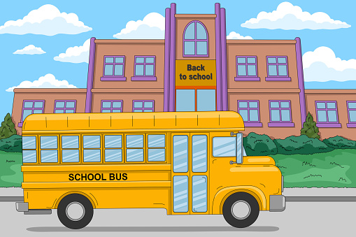 Back to school. Yellow school bus near the school building. Vector illustration in cartoon style, horizontal banner