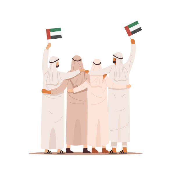 widok z tyłu arabów przytulających się i trzymających flagę zjednoczonych emiratów arabskich, vector - uae flag stock illustrations