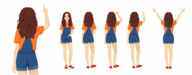Back view of standing young woman vector art illustration