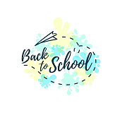 Back to school. Lettering and paper airplane on white background with bright blotches of paint. Vector illustration