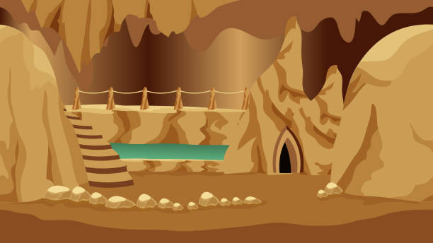 Background for cartoon or fantasy game asset. Underground realm of gnomes Background for cartoon or fantasy game asset. Underground realm of gnomes or dark elves. Cave landscape with rock house, stones and underground lake. Vector illustration rock formations stock illustrations