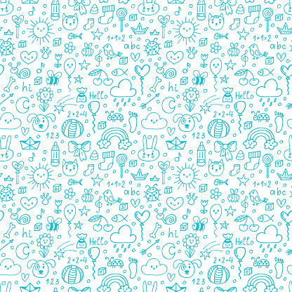 Background for cute little boys. Colored seamless pattern. Hand drawn children drawings. Doodle background