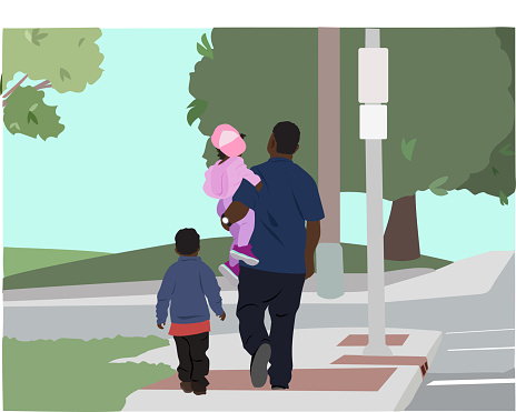 Flat design vector illustration with father and his two young kids walking down the street