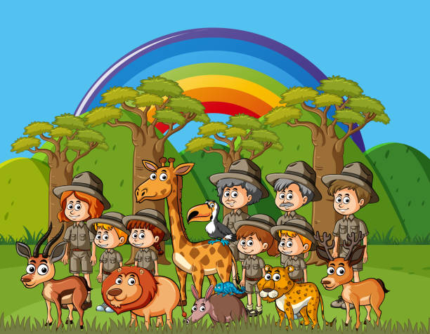 фоновая сцена со многими парк рейнджеров и диких животных - rangers stock illustrations